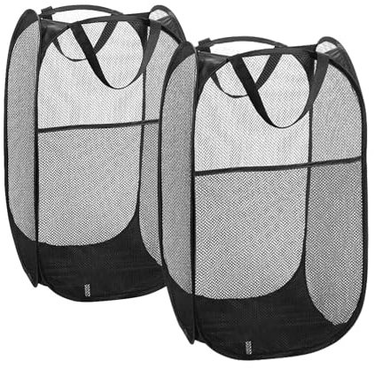 2 Pièces Pop Up Panier à Linge Pliable, Pop Up Laundry Basket Hamper, Paniers à Linge en Maille Pliable, Panier à Linge Portable en Maille, Rangement des vêtements, Idéal pour Salle de Bain(Noir)
