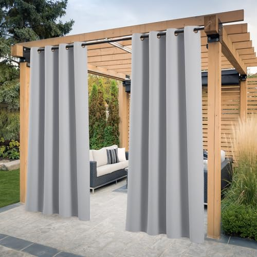 PONY DANCE Rideau pour Pergola - Lot de 2 Rideaux D'Extérieur Isolant Occultant Lumière Bloquer Imperméable Décoration Intérieur/Extérieur Jardin à Oeillets, L 132 x H 213 cm, Gris Argenté