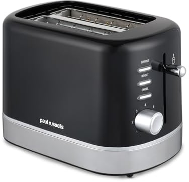 Paul Russells 850W Black with Chrome accent 2-Slice Kitchen Toaster – 7 step Browning Controls, Defrost, Reheat, Cancel Functions, LED Indicator, Cord Storage, Removable Crumb Tray – Fast Toasting