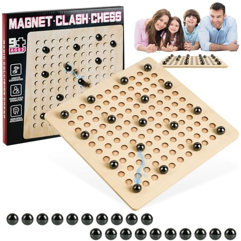OSDUE 20 Pcs Magnetisches Schachspiel, Tisch Magnetspiel, Schach-Set, Magnetisches Stein-Brettspiel, Kampfschach Mit Magnetisch, Magnetisches Steine, Magnet Schachbrett aus Holz für Familien und Party