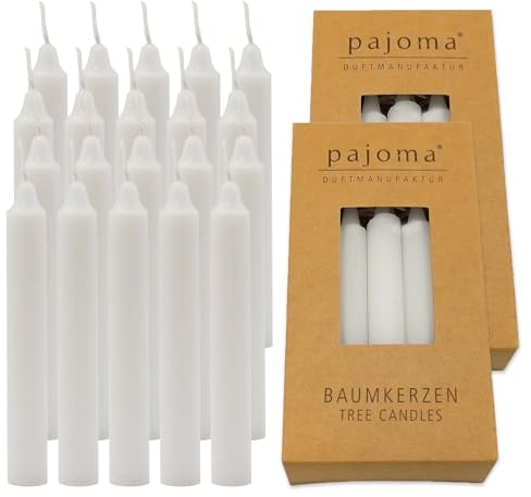 pajoma® Baumkerzen 20 Stück, Weiß - Hochwertige Stabkerzen | 10g Wachsgewicht, ca. 1 Std. Brenndauer, 95 x 13 mm | Premium Spitzkerzen, Geburtstagskerzen