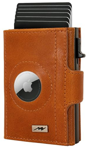 Marc Peter® Chicago Leder Push Air Slim Wallet | Airtag Geldbörse mit Münzfach | kleines Mini Portmonee aus echtem Büffelleder Cognac