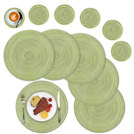 SHACOS Juego de 6 38cm Manteles Individuales con 6 Posavasos Redondos de Algodón Verde, Salvamanteles Individuales Lavables, Resistentes al Calor, Antimanchas para Mesa de Comedor