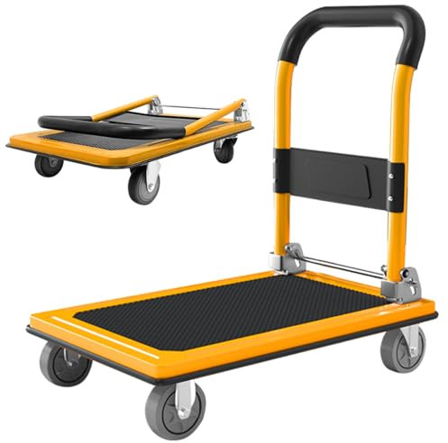 Chariot de Transport Pliant 300 Kg à Roulettes 360° Maniable avec Manche Rabattable et Plateau Antidérapant 77x50cm