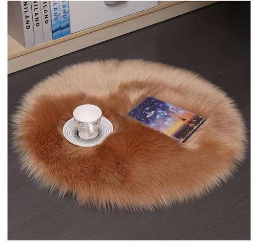 Hrlace Lammfell Schaffell Teppich Rund Kunstfell Teppich Waschbar Weich Fellteppich Flauschiger Longhair Stuhlauflage Nachahmung Wolle Bettvorleger Sofa Matte für Heimdekoration Khaki 100 * 100cm