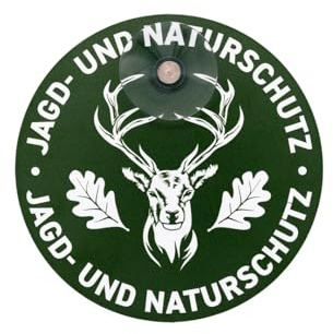 JAGD UND NATURSCHUTZ Premium Jagdschild mit Hirschmotiv und Eichenlaub – Rundes Autoschild in Grün-Weiß mit starkem Saugnapf für Jäger, Jagdpächter und Rotwildjäger, Aluverbund, Ø 13 cm