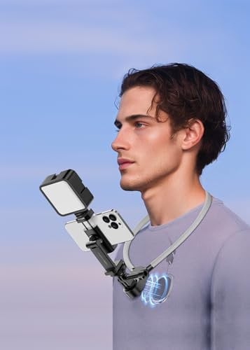 MARTVSEN Magnetic Neck Phone Holder with Light, Hands Free Selfie Tripod Chest Mount Filming for iPhone 16 Samsung GoPro DJI Insta360, Neck Phone Holder for Recording POV Video Vlog