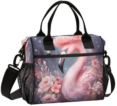 Mnsruu Große Lunchtasche, Queen Flamingo Blumen, isolierte Lunchbox, tragbare Kühltasche, Tragetasche für Studenten, Erwachsene, Schule, Büro, Picknick, Wandern, S