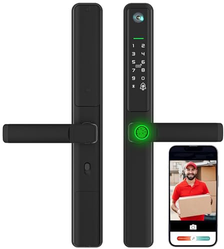 Smart Door Lock with Camera, Electric Lock for Front Door, Mortise Door Lock with Handle, Electronic Door Lock with Doorbell, keyless Door Entry, Fingerprint, Code, IC Card, Key, WiFi, APP