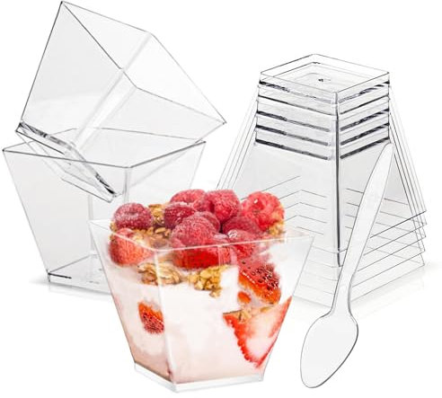 Wnqou 60ml/2oz Clear Dessert Cups, 50Pcs Reusable Square Dessert Cups, Mini Transparent Appetizers Serving Bowl for Desserts Mousses,Puddings,Party