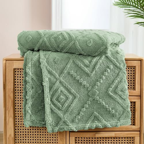 WONGS BEDDING Kuscheldecke Flauschig 150x200 Grün Decken, Creme Wohndecke Warme Fleecedecke Weiche Sofadecke Couchdecke für Bett Sofa Büro Mädchen