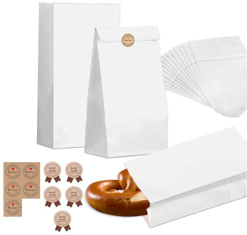 SoeUyd 50 Stück Butterbrottüten, Papiertüten Weiß, Butterbrottüten Weiß, mit Aufkleber, Kraftpapier Tüten, Geeignet für Süßigkeiten, Kekse, Brot, Ostern, Valentinstag und Andere Geschenktüten