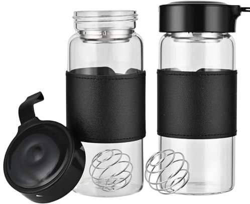 TELAIN Small Glass Shaker Bottle Shake Cup, BPA-free, odourless, with 304SS Mixing Ball and Detachable Cleaning Brush for Fitness and Protein Shakes, Black, 2 Pieces