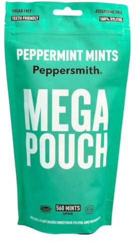 Peppersmith Peppermint Sugar Free Mints - Mega Pouch - 560 Mints - 330g | 100% Plant Based Xylitol, Fresh Breath, Benefits Oral Health, Reduce Plaque, Kills Bacteria, Aspartame Free