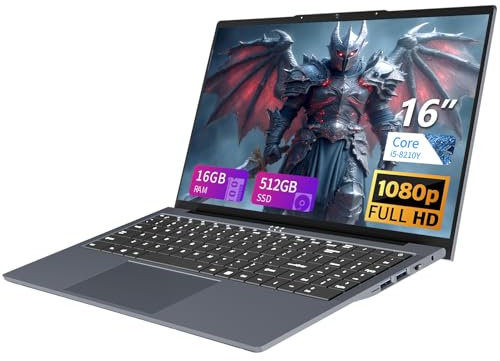 Notebook 16 Pollici, Core i5-8210Y CPU, Win 11 PC Portatile 16GB RAM 512GB SSD, Laptop Tastiera Retroilluminata, 1920*1080 IPS Full HD Schermo, (Mini-HDMI+USB3.0+Type-C+Webcan+WIFI5+5800Mah Battery)