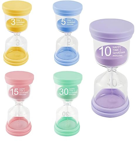 HASLED 5 Stück Sanduhren Set - 3/5/10/15/30 Minuten Timer | Sanduhren Set | | Sanduhr für Kinder | Küchenuhr & Deko ohne Batterie, Sanduhr für Zähneputzen & Lernen