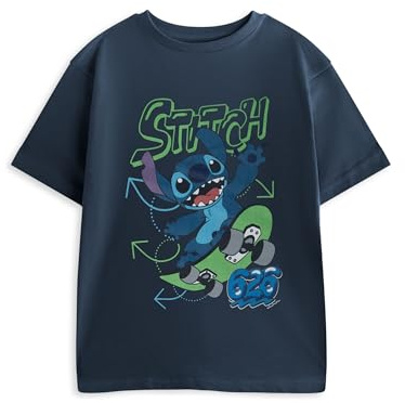Disney Lilo & Stitch Boys Navy Blue T-Shirt | Short Sleeve Stitch 626 Graphic Tee | Classic Cartoon Apparel Movie Merchandise | Kids Casual Wear Top