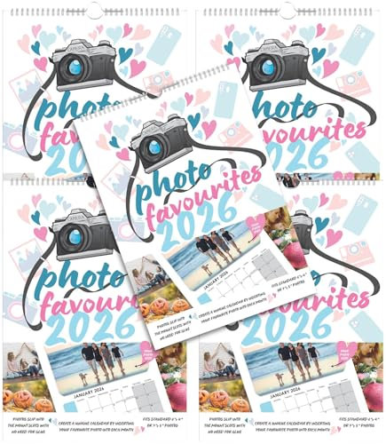 2026 Photo Favourites A4 Wall Calendar Pack of 5 – Create Your Own Calendar 6x4 / 5x7 Prints Twin Wire Bound Hanging Hook – Insert Your Own Photos Personalised Monthly Wall Planner