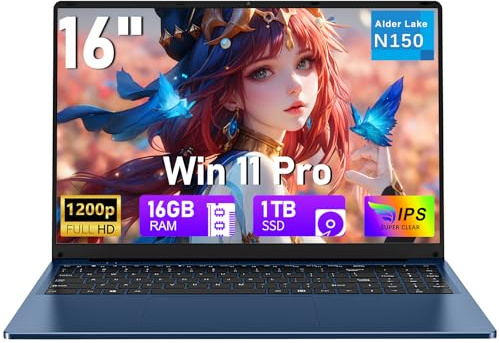 MINTUNTUN 16 Zoll Gaming Laptop Computer 2025, N150 (bis zu 3,6 GHz), 16 GB RAM 1 TB SSD, UHD Grafik (1 GHz) Lap Top mit Win 11 Pro, FHD 1900 x 1200 Display, WiFi 5 BT 4.2, 6000 mAh, Tastatur mit