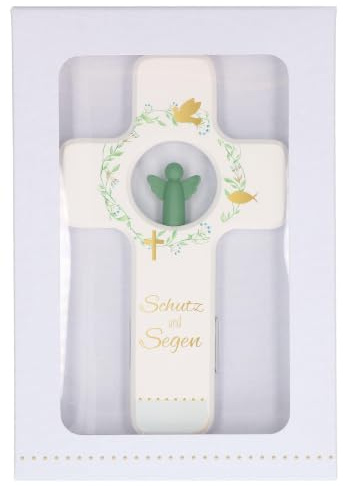 Kinderholzkreuz 18 x 11 cm: weißes Eichenholz, farbig bedruckt & durchbrochen, mit salbeigrünem Engel aus Feinmetall, zum Aufhängen, Taufgeschenk inkl. Geschenkverpackung