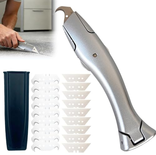 Teppichmesser Hakenklinge, Hakenmesser mit 10 Trapezklingen, 10 Hakenklingen und Kunststoffköcher, Cuttermesser Profi, Cuttermesser für Trapezklingen zum Schneiden von PVC-Bodenbelägen