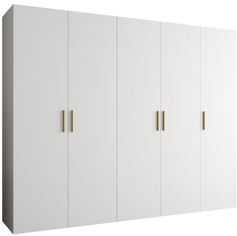 MEBLE KRYSPOL - Kleiderschrank - Garderobenschrank - 250 cm x 202 x 52 cm - Schrank mit Kleiderstange, 5 Türen - für Schlafzimmer, Flur - BARI, Weiß, Griff Gold