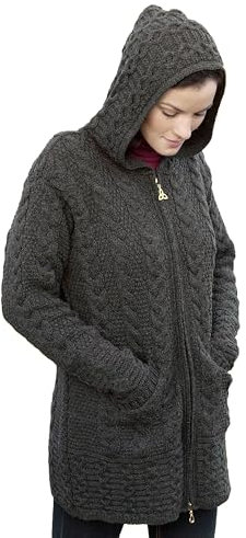 Aran Crafts Damen Irischer Zopfstrickmantel mit Kapuze und Reißverschluss (100% Merinowolle), anthrazit, L
