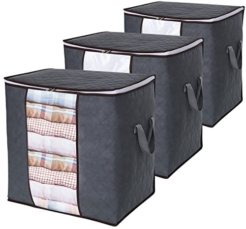 Lifewit 3 Pack 90L Clothes Storage Bag Boxes, Wardrobe Storage Organiser Packing Boxes for Moving House with Reinforced Handle Thick Fabric Clear Window for Clothing Duvet Blankets Bedding, Grey