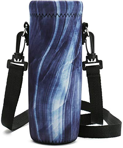 RICHEN Neoprene Water Bottle Carrier Bag with Adjustable Shoulder Strap,Insulated Water Bottle Cover for 1000ml/32oz Stainless Steel/Glass/Plastic Bottles (Blue Marble,1000ml)