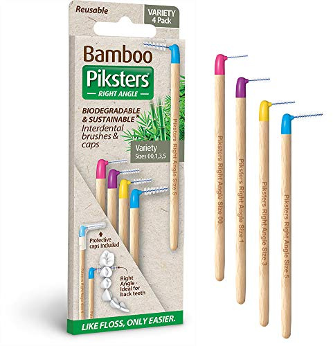 Bamboo Right Angled | Piksters Interdental Brushes | Variety 4 Pack | Sizes 00, 1, 3 & 5 Included
