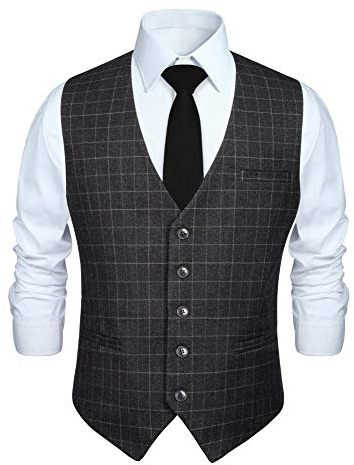 HISDERN Manner Schwarz formale Hochzeitsfeier Weste Baumwolle Plaid graues Kleid Anzug Weste XXL