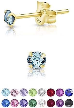 DTPsilver - Winzige Ohrringe 925 Sterling Silber Gelb Vergoldet mit Kristallen von Swarovski® Elements Runde Sehr kleine Ohrstecker - Durchmesser 3 mm - Farbe : Aquamarin
