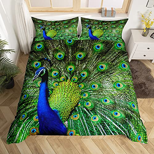 Loussiesd Pfau Bettwäsche Grün Pfau Muster Bettwäsche 200x200 cm Pfau Feder gedruckt Dekor Bettbezug mit Reißverschluss Mädchen Frauen Sanft Mikrofaser Tier-Thema Betten Set mit 2 Kissenbezug