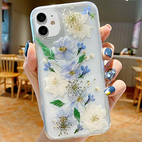 Tybiky iPhone 11 Pro Max Hülle Trockenblumen Handyhülle Abdeckung, Echte Blumen Clear Flexible Gummischale Schutz Kratzfest für iPhone 11 Pro Max (Unsterbliche Blumen), Lila Weiß Blume Narzissen