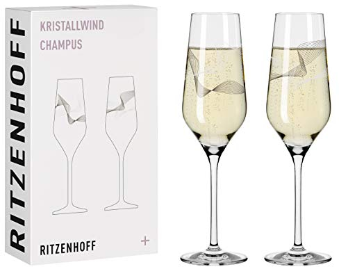 RITZENHOFF 3711002 Champagnerglas 250 ml - Serie Kristallwind Set Nr. 2, 2 Stück mit Windillustration - Made in Germany