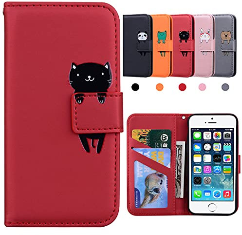 Kedic iPhone 5/5S/5SE Hülle, Flip Case, Rot, Cartoon-Katze, Leder TPU, Kartenfächer, Standfunktion, Kompatibel für iPhone 5S, 5, SE 2016