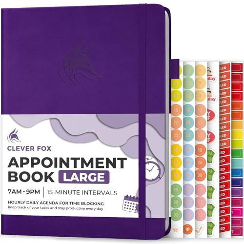 Clever Fox Appointment Book, 15-Minute Daily Planner, Undated Purple | Large 21x28 cm, 15 minute increments, Hardcover ourly book with time slots for women & men, Weekly pages & monthly calendars