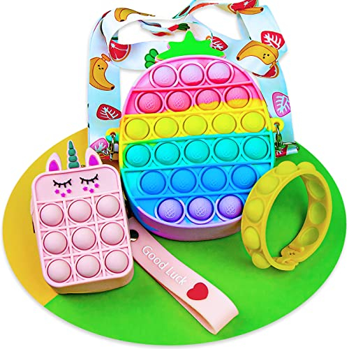 Faerly® Pop it Tasche mit kleiner Tasche + Armband - Umhängetasche Mädchen, Popit Taschen, Bop it, Spiel, Sensorik Spielzeug, Fidget Toys Pack, Tasche Mädchen, Anti Stress, Mädchen Spielzeug, Topmodel