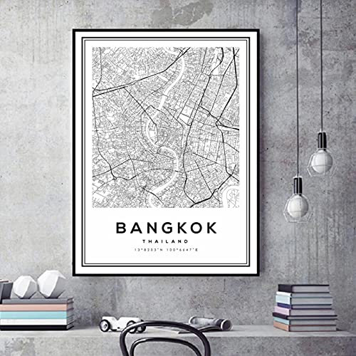 Black and White Bangkok Map Nordic Thailand City Map Wall Art Printed Pictures Posters and Prints Living Room Home Decor 50x70cm Frameless