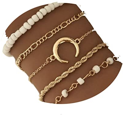 Jovono Lot de 5 Bracelets à superposer, de style bohème, en forme de lune avec perles blanches, bracelets réglables pour femmes et filles