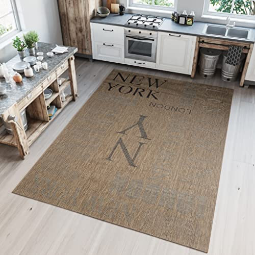 TAPISO Floorlux Teppich Küchenteppich Kurzflor Sisal Optik Flachgewebe Braun Schwarz Schrift London Modern Design Wohnzimmer Küche Flur 140 x 200 cm