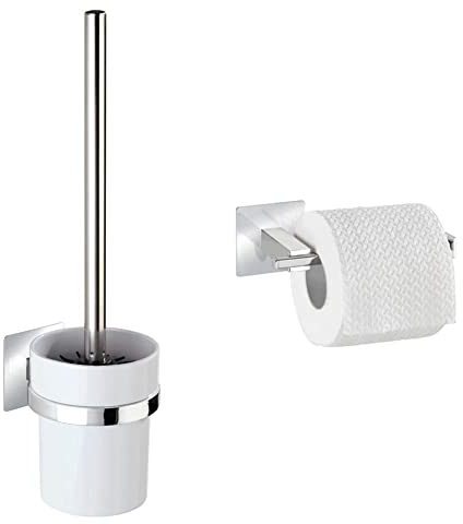 WENKO Turbo-Loc® WC-Garnitur Quadro - WC-Bürstenhalter, 9.5 x 35.5 x 12 cm, Chrom & Turbo-Loc® Edelstahl Toilettenpapierhalter ohne Deckel Quadro Edelstahl rostfrei, 16.5 x 6.5 x 7 cm, Chrom