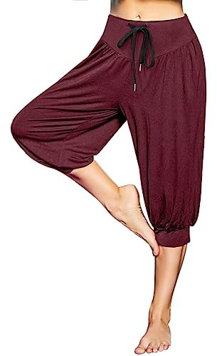 Terecey Pantaloni Donna Estivi Leggeri 3/4 - Yoga Con Tasche, Eleganti Vita Alta, Sportivi Cotone per Jogging, Danza, Pilates - Rosso M