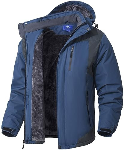 SPOSULEI Herren Winter Fleecejacke Warme Verdickt Gefüttert Skijacke Outdoor Winddicht Wasserdicht Jacke mit Abnehmbarer Kapuze für Wandern Cowboyblau 3XL