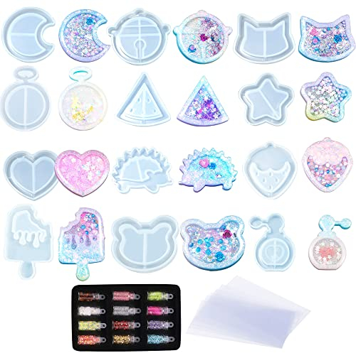 Yayatty Stampi in Resina Siliconica Shaker Charm, 12 Pz Stampo Resina Shaker Quicksand Resin Molds Stampi Silicone Quicksand Stampo Epossidica con PVC Foglio e Paillettes per DIY Mestieri