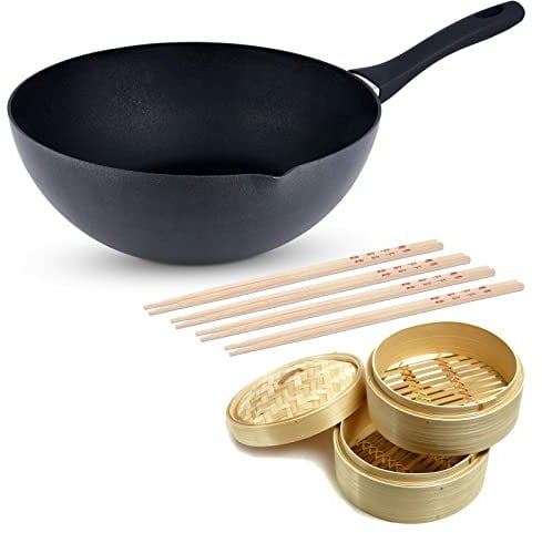 Ken Hom großer Aluminium Wok 30 cm Induktion mit Ausguss Antihaftbeschichtung - Wokpfannen Set inkl. Dampfkorb Ø 20 cm & 8 Stäbchen