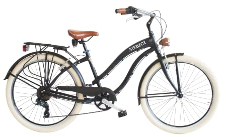 Airbici Fahrrad Beachcruiser Damen 26 Schwarz | City-Bike | BeachCruiser Bike 26 Zoll 6-Gang, Aluminiumrahmen, Schutzbleche, LED-Licht und Gepäckträger (Schwarz)
