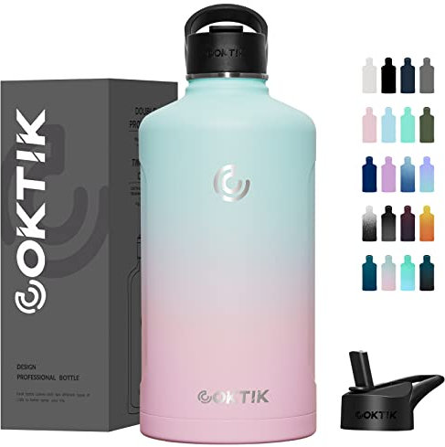COKTIK 128 oz/One Gallon Water Bottle Insulated, Double Walled Vacumm Metal Stainless Steel Sports Water Bottle with Reusable 2 Lids for Sports, Gym, Fitness or Office(Bubble Gum)