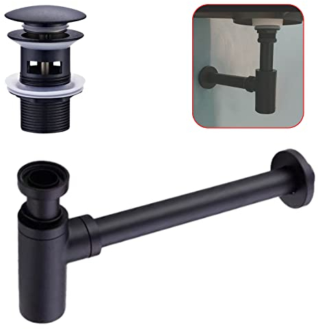 Maloftars Siphon Waschbecken mit Ablaufgarnitur mit Überlauf für Waschbecken Siphon Waschbecken Bad Waschtisch 1/4 x 32mm Syphon Pop Up Ablaufgarnitur Syphon Badezimmer Geruchverschluss Matt Schwarz