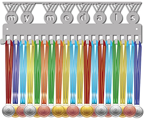 CREATCABIN Meine Medaillen Medaillenhalter Display Kleiderbügel Rack Sport Metall Wandhalterung Mit 20 Haken Über 60 Medaillen Für Rennen Läufer Spieler Turner Tanz Fußball Schwimmen Silber 40x11.8cm
